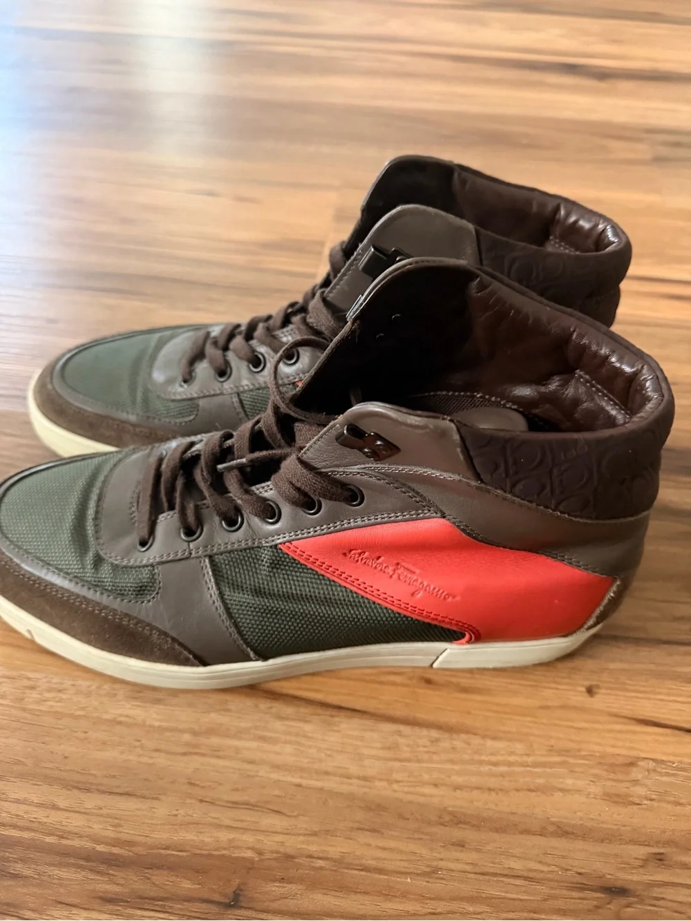 Salvatore Ferragamo Men's High-Top Sneakers in Green, Brown and Red Accent